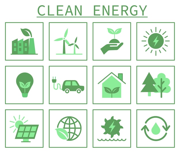 Veilige energiebronnen Groene platte set van pictogrammen met betrekking tot hernieuwbare energiebronnen Vector pictogrammen