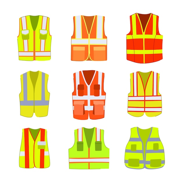 veiligheidsvest set cartoon veiligheid veilig beschermende kleding bescherming reflecterend veiligheidsvest teken geïsoleerde symbool vectorillustratie