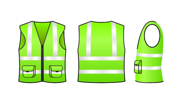 Vector veiligheidsvest voor-achteraanzicht en zijkant lichtgroen jack met reflecterende strepen veiligheidsvest voor chauffeurs in de bouw en wegwerkers vector illustratie