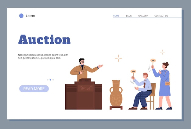 Vector veiling verkoop webpagina met veilingmeester en bieder platte vectorillustratie