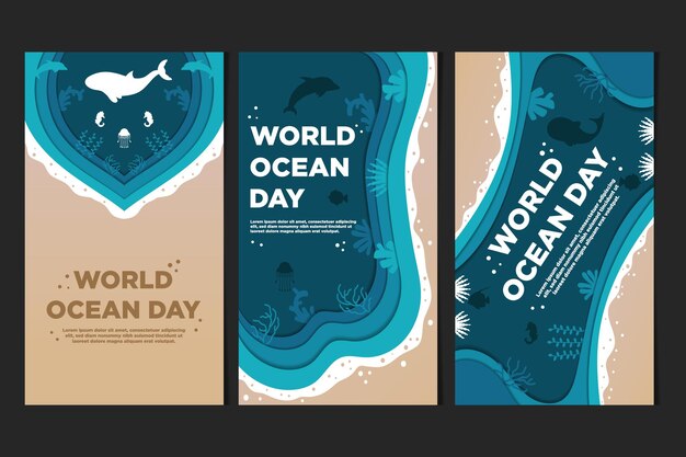 Vektor Social Media Template World Ocean Day with Paper Cut Style