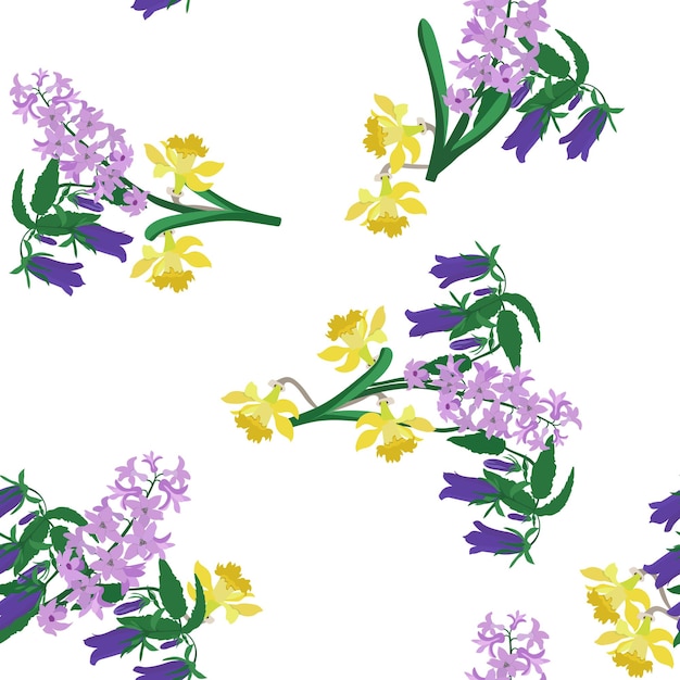 Veld klokken narcissus op een witte naadloze achtergrond vector illustratie voor het verfraaien van textiel verpakking behang