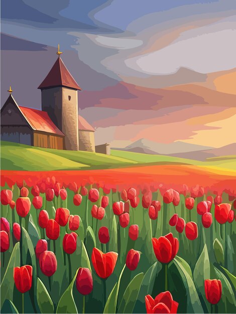 Vector veld rood tulpen tegen de achtergrond bergen lente banner vector illustratie enorme veld van