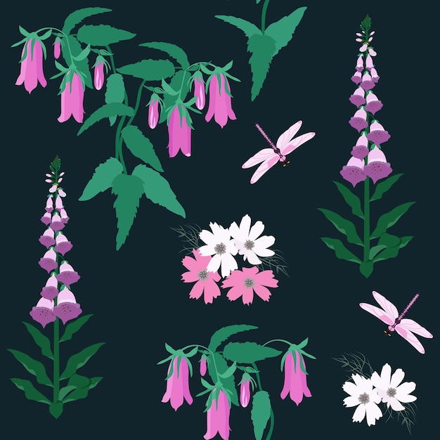 Veld roze klokken digitalis en libellen op een donkere naadloze achtergrond Vector illustratie Voor het decoreren van textiel verpakking behang