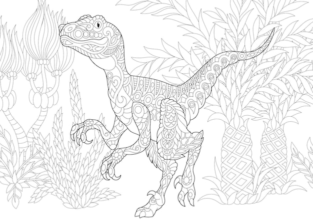 Vector velociraptor. zentangle kleuren illustratie. line art design voor volwassen kleurboekpagina.