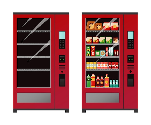 Vector vending machine empty and full automat of snacks or drinks equipment for sale of food device for buying bottled water and juice vector selfservice appliance with panel or buttons