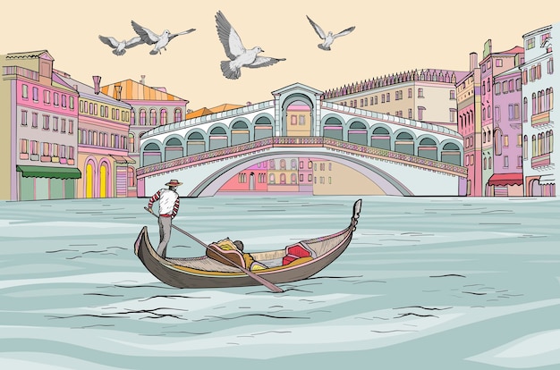 Вектор Вид на городской пейзаж венеции гондола в гранд-канале