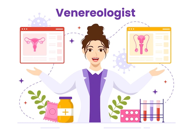 Venereoloog vectorillustratie van diagnose voor seksueel overdraagbare ziekten en infectie