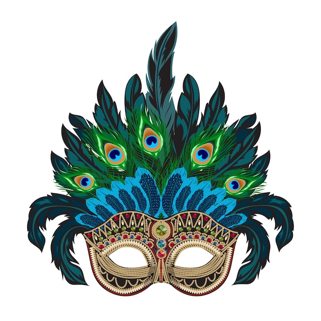 Vector venetiaans carnaval-masker met kleurrijke veren