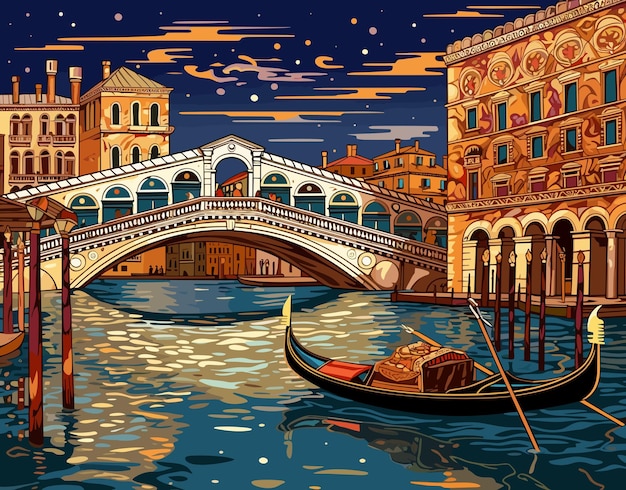 Vector venetiaanse brug met gedetailleerde gebouwen in de buurt. als de avond valt, drijft een gondel op het kanaal