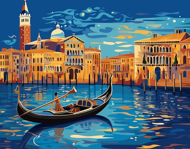 Venetian canal with gondolier historic buildings landmarks tall tower dome vibrant sky