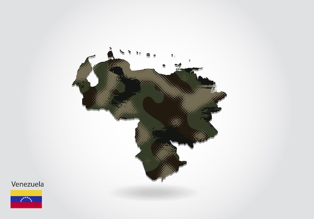 Vettore mappa del venezuela con motivo mimetico texture verde foresta nella mappa concetto militare per soldato dell'esercito e bandiera dello stemma di guerra