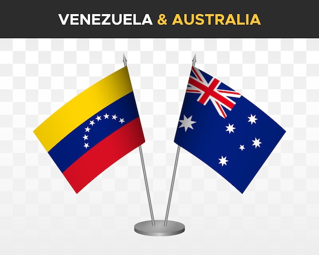 Venezuela vs Australië bureauvlaggen mockup geïsoleerde 3d vector illustratie tafelvlaggen