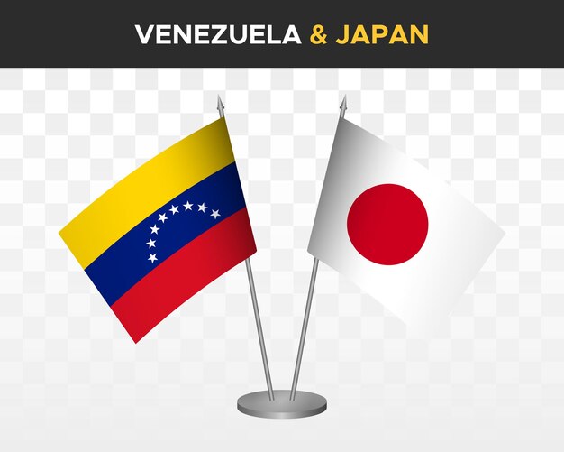 Bandiere da scrivania venezuela vs giappone mockup isolate 3d illustrazione vettoriale bandiere da tavolo