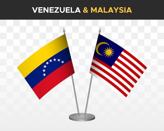 Bandiere da scrivania venezuela vs malesia mockup isolate 3d illustrazione vettoriale bandiere da tavolo