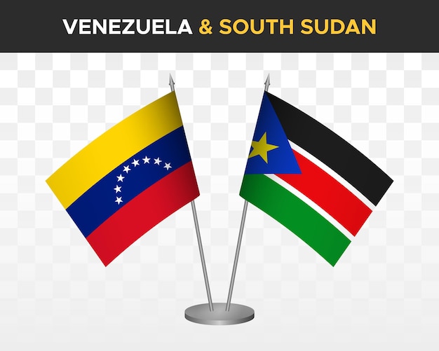 Venezuela vs Zuid-Soedan Bureau vlaggen mockup geïsoleerde 3d vector illustratie tafel vlaggen