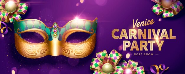 Venice carnival party banner design with decorative mask and rhombus ribbons on purple background in 3d illustration