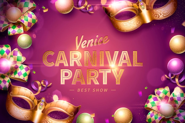 Venice carnival party design with decorative mask and rhombus ribbons on purple background in 3d illustration