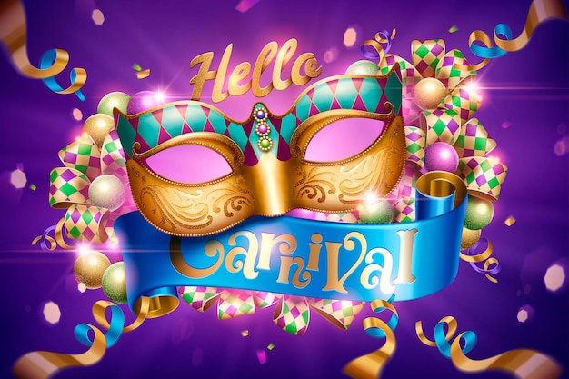 Дизайн вечеринки Венецианский карнавал с декоративной маской и растяжками на фиолетовом фоне в 3d иллюстрации
