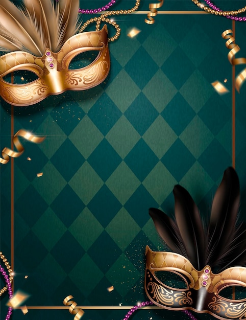 Venice carnival party with beautiful masks on rhombus green background in 3d illustration