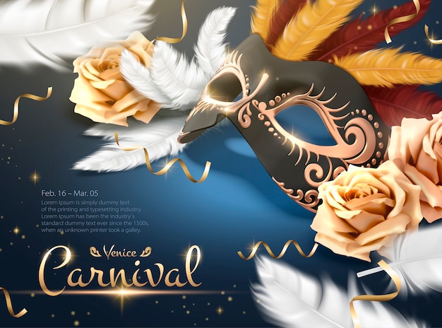 Venice Carnival poster with golden mask and white feathers