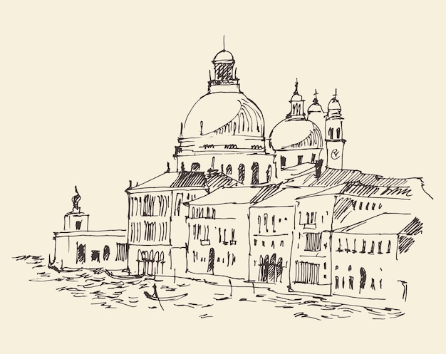 Vettore architettura della città di venezia, illustrazione d'epoca incisa