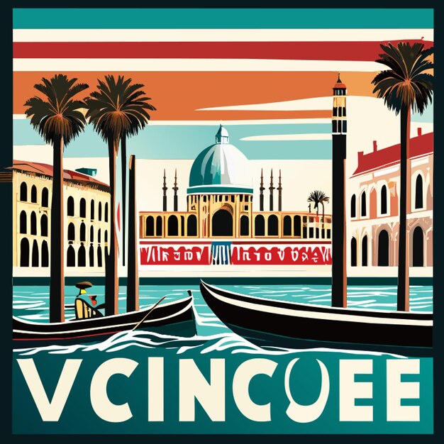 venice gondolas tourist promotional poster vector illustration cartoon