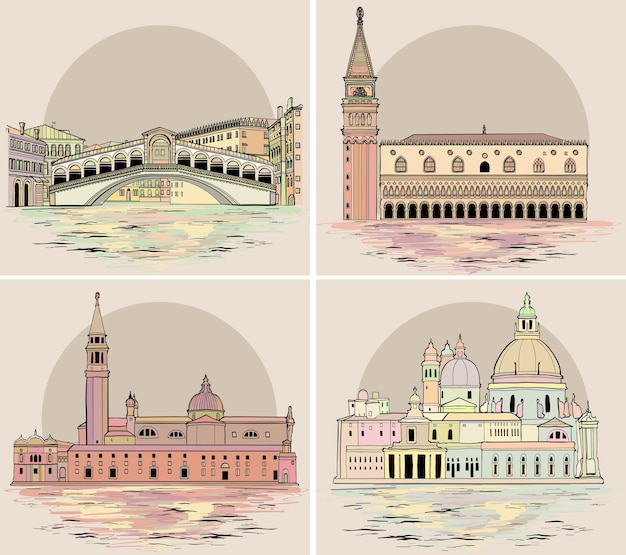 Venice landmarks and buildings set