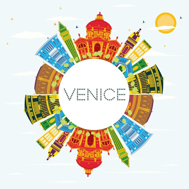 Горизонт Венеции с цветными зданиями, голубым небом и копией пространства. Векторные иллюстрации. Деловые поездки и концепция туризма с исторической архитектурой.