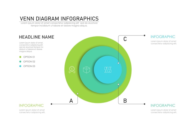 벤 다이어그램 (Venn Diagram) - 비즈니스를 위한 인포그래픽 차트 템플릿 3 4 6 부분 옵션 프레젠테이션
