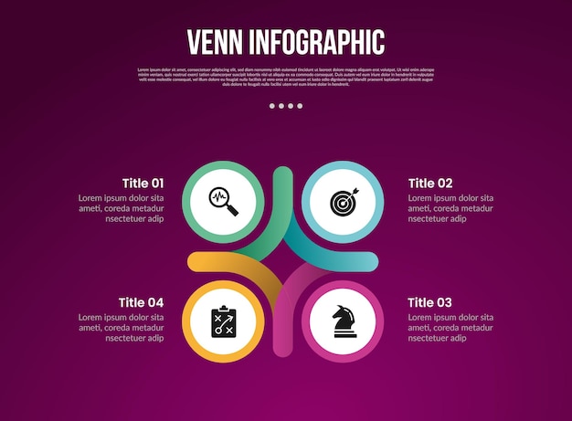 venn diagram infographic with circle and round rectangle connection with matrix structure with 4 point dark background style for slide presentation