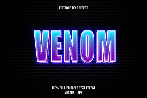 Vettore effetto testo modificabile venom stile neon rilievo 3 dimensioni