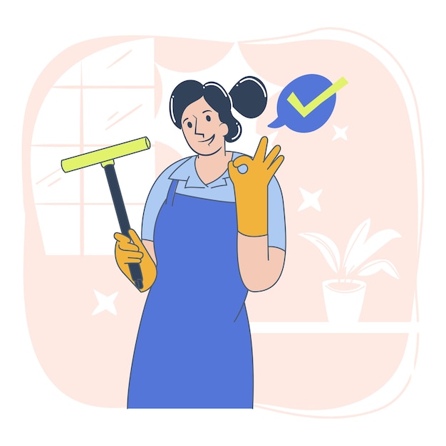Vensterreiniger Vrouwelijk personage met Squeegee