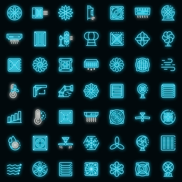 Ventilation icons set. Outline set of ventilation vector icons neon color on black