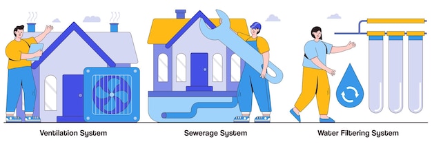 Vector ventilation sewerage and water filtering system with people characters illustrations pack