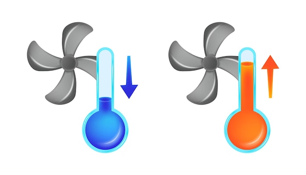 Ventilatori con termometri meteorologici icone del termometro di temperatura calda e fredda