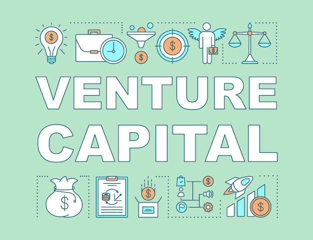 Venture capital woord concepten banner. Risico opstarten investering. Zakelijke financiering, budgettering. Presentatie, website. Geïsoleerde belettering typografie idee met lineaire pictogrammen. Vector overzichtsillustratie