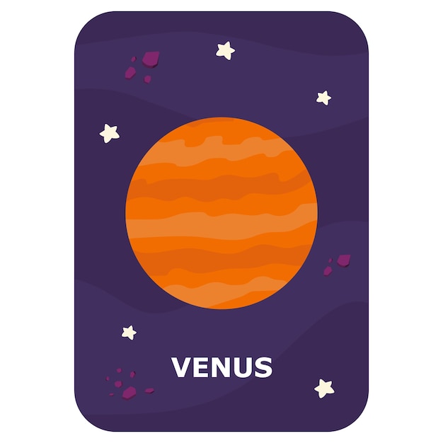 Venus Vector Space flash card Engels taalspel met schattige astronaut raket planeet komeet alien voor kinderen Astronomie flashcards met grappige karakters Eenvoudig educatief afdrukbaar werkblad