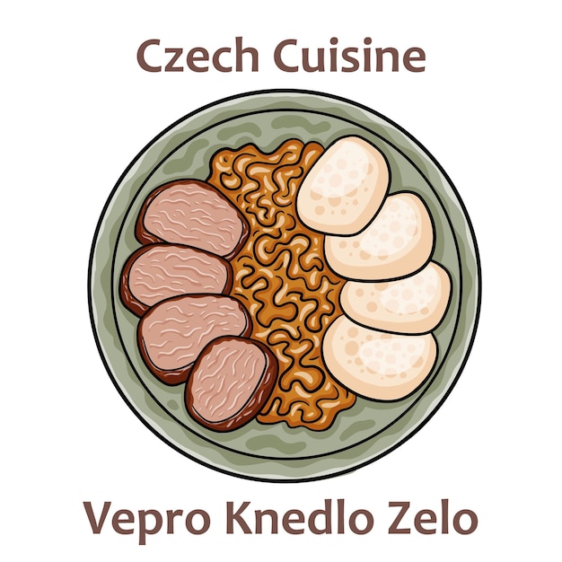 Vepro Knedlo Zelo It is a roasted pork served with dumplings and saurkraut After serving on a plate it's sprinkled with baking juice Czech food Vector image isolated