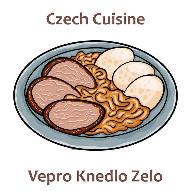 Vepro Knedlo Zelo It is a roasted pork served with dumplings and saurkraut After serving on a plate it's sprinkled with baking juice Czech food Vector image isolated