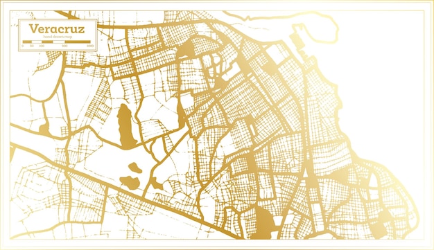 골든 컬러 아웃라인 맵의 복고풍 스타일의 베라크루즈 멕시코시티 지도