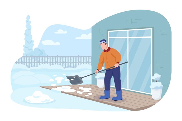 Veranda sneeuwruimen 2D vector geïsoleerde illustratie. Schoonmaken buiten het huis in de voorsteden bij koud weer. Man aan het werk met schop plat karakter op cartoon achtergrond. Winteractiviteiten kleurrijke scène