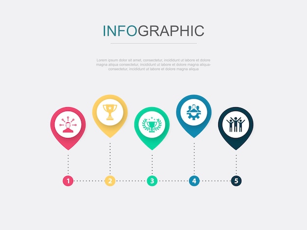 Verantwoordelijkheid prestatie beloning teamwerk succes pictogrammen infographic ontwerpsjabloon creatief concept met 5 stappen