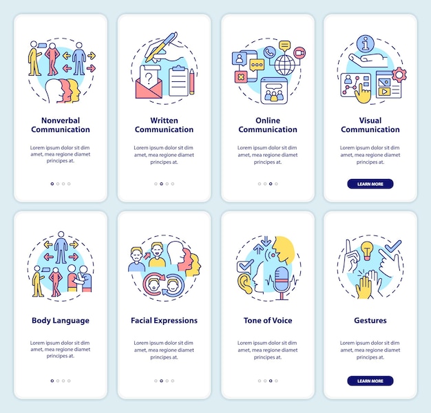 Verbal and non verbal communication onboarding mobile app screen set