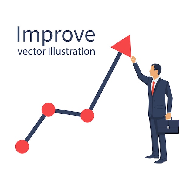 Verbeteren van bedrijfsconcept Veranderende richting groei grafiek handel Vector plat ontwerp Winst beurs zakenman verhoogt schema naar boven Man veranderende richting zakelijke grafiek financieel diagram