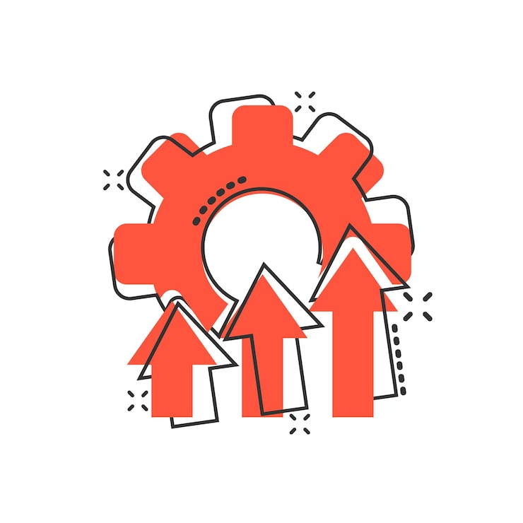 Vector verbeteringspictogram in komische stijl gear project cartoon vectorillustratie op witte geïsoleerde achtergrond productiviteit splash effect bedrijfsconcept