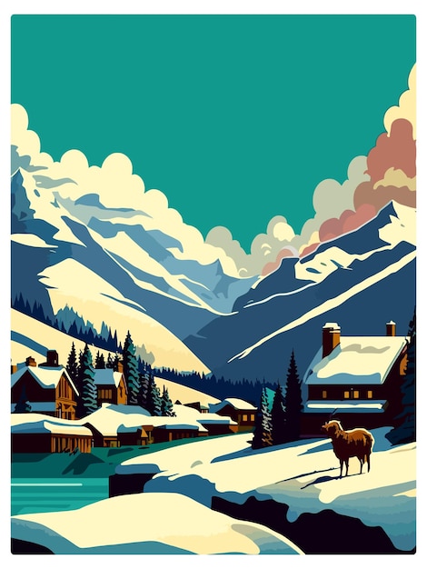 Vector verbier ski resort mountain switzerland vintage travel poster souvenir postcard portrait painting