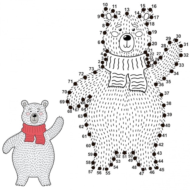 Verbind de stippen en teken een schattige ijsbeer. nummers spel voor kinderen. illustratie