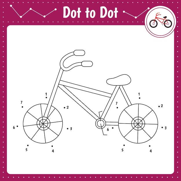 Verbind de stippen Fiets Dot to dot educatief spel Kleurboek voor kleuters activiteit werkblad Vectorillustratie