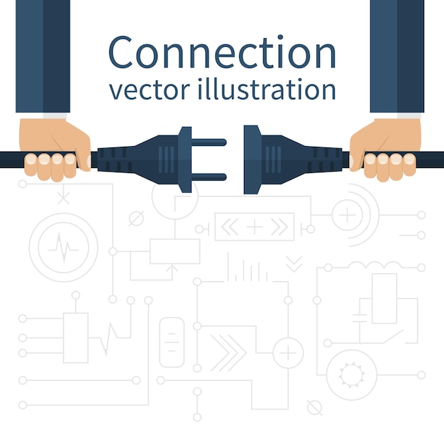 Verbinding ontkoppeling elektriciteit vector illustratie plat ontwerp mannen houden in de hand stekker en stopcontact om aan te sluiten abstract concept geïsoleerd op de achtergrond van elektrische circuit